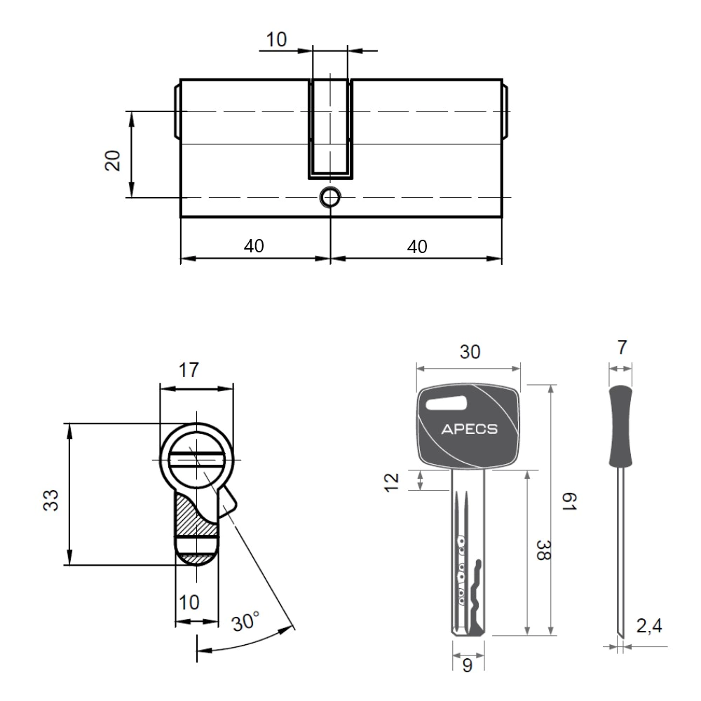 Цилиндр для замка 40х40 мм ключ-ключ APECS XR-80 никель
