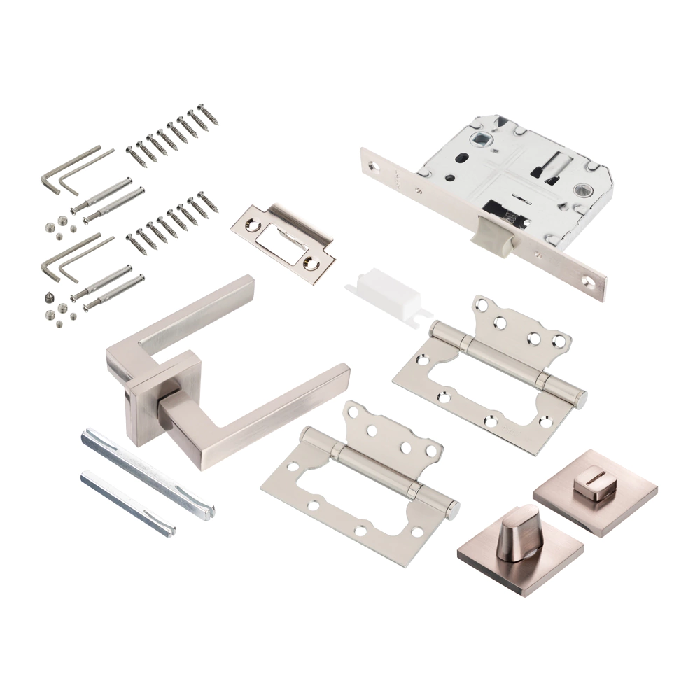 Комплект ручек с защелкой, заверткой и петлями м/о 70 мм Lokker Lake EN никель