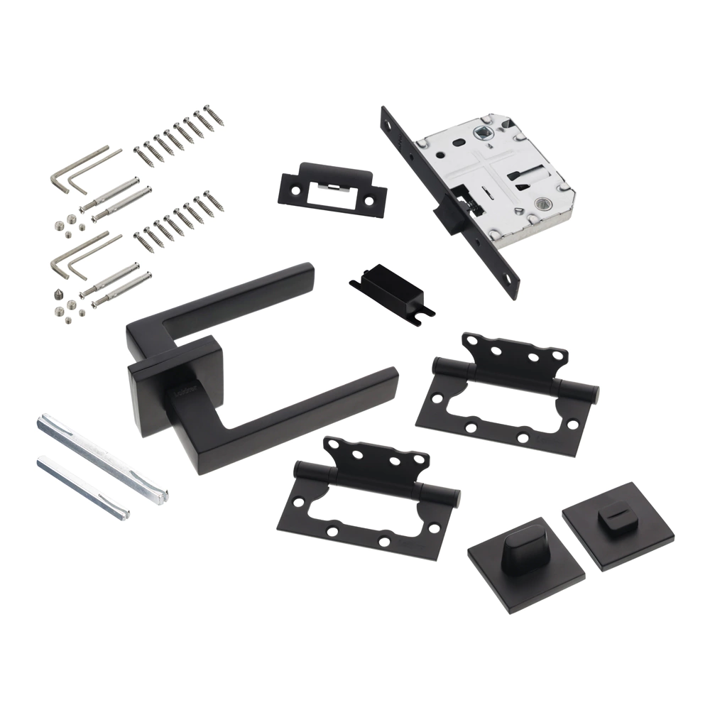 Комплект ручек с защелкой, заверткой и петлями м/о 70 мм Lokker Lake EN черный