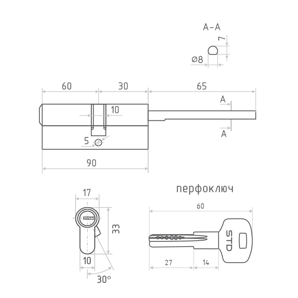 Цилиндр со штоком 60х30 мм ключ-завертка хром НОРА-М STD Z ЛП