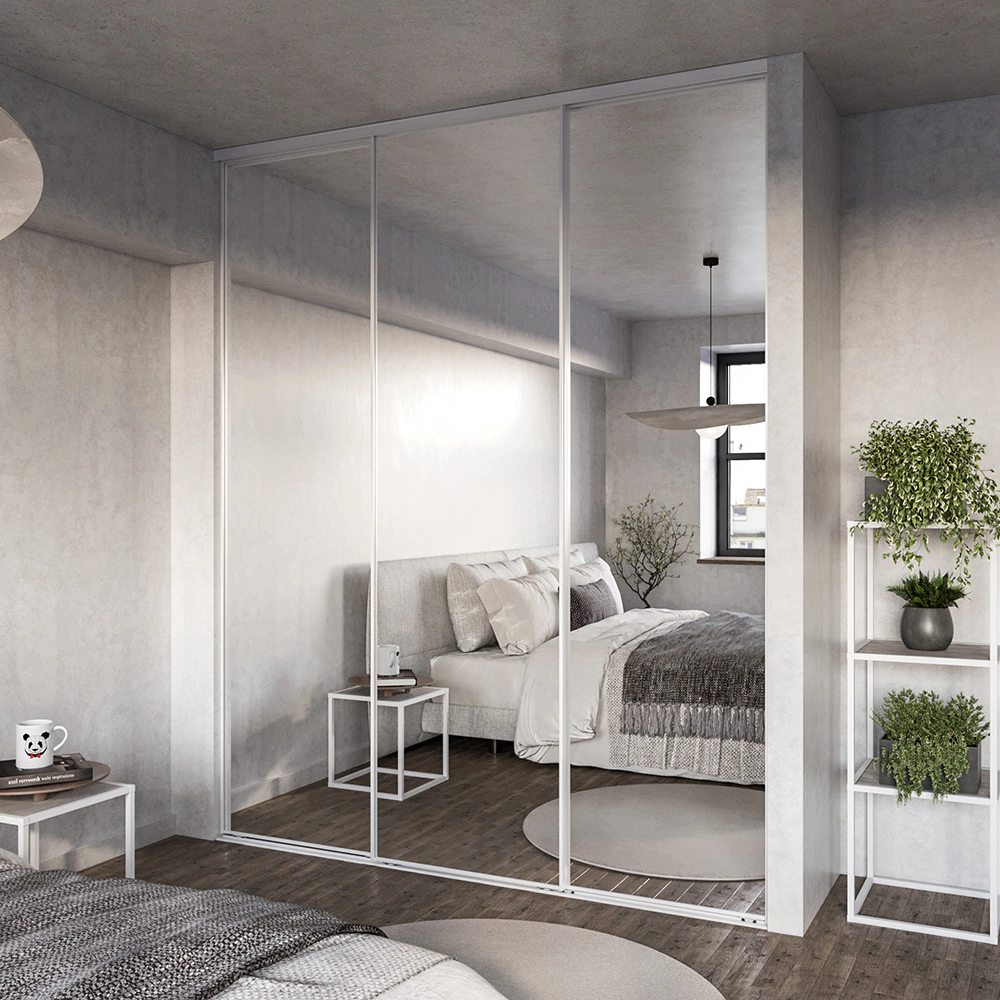 Дверь для шкафа-купе 804х2455 мм зеркало/алюминий белый муар трапеция