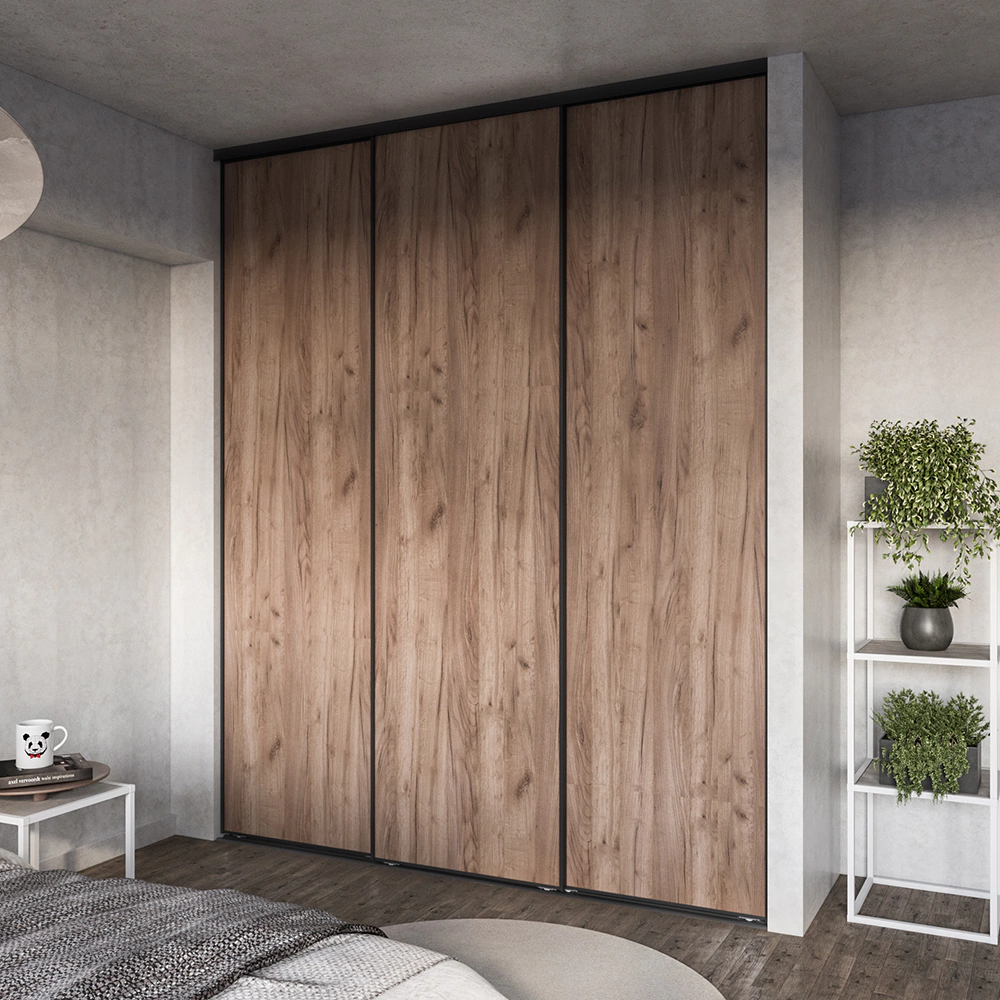 Дверь для шкафа-купе 804х2455 мм ЛДСП Дуб крафт табачный/алюминий черный муар трапеция