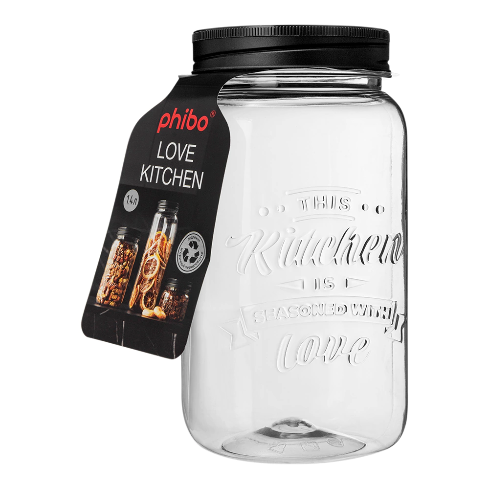Банка для сыпучих продуктов Phibo LOVE KITCHEN 1,4 л прозрачный/черный