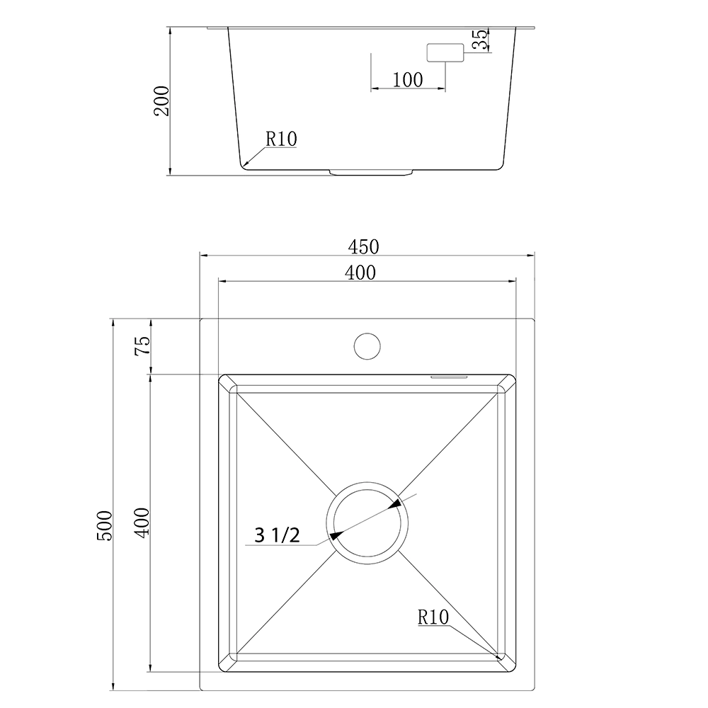Мойка стальная врезная Ukinox 450х500х1 мм h20 см выпуск 3,5"