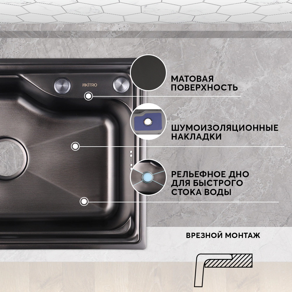 Мойка кухонная стальная черная 650х440х200 мм KITRO
