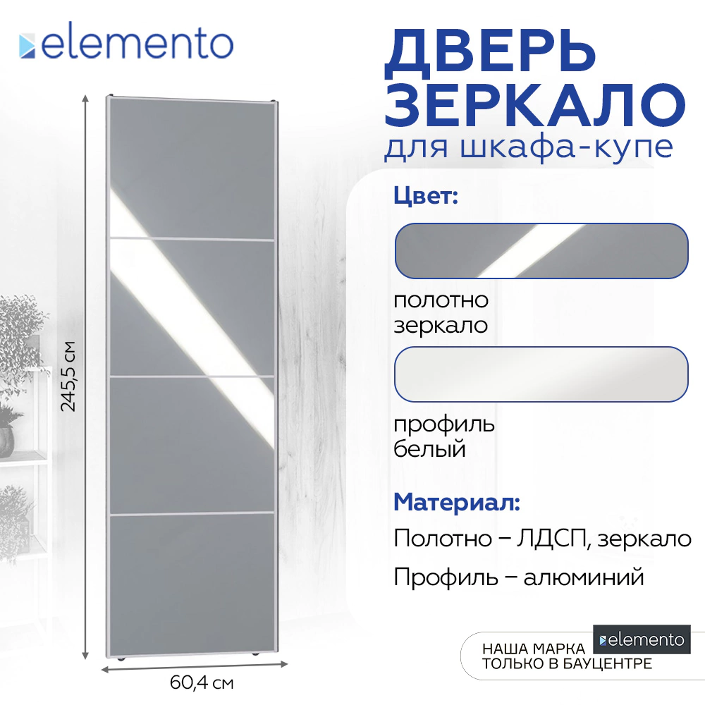 Дверь для шкафа-купе 604х2455 мм зеркало с разделителями/алюминий белый трапеция