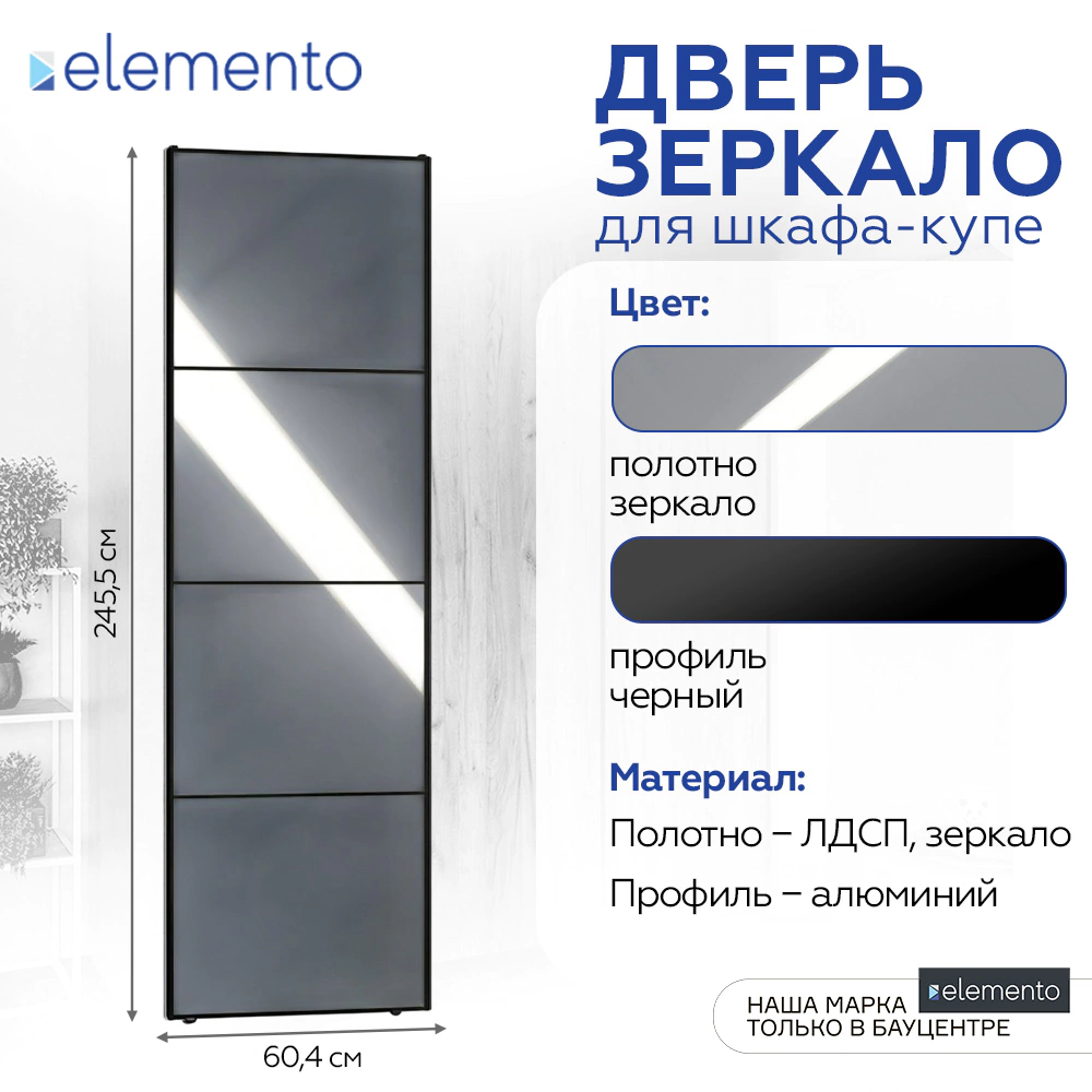 Дверь для шкафа-купе 604х2455 мм зеркало с разделителями/алюминий черный трапеция