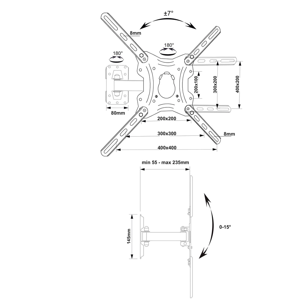 Кронштейн для ТВ 26-55 дюймов наклонно-поворотный 1 рукав elemento
