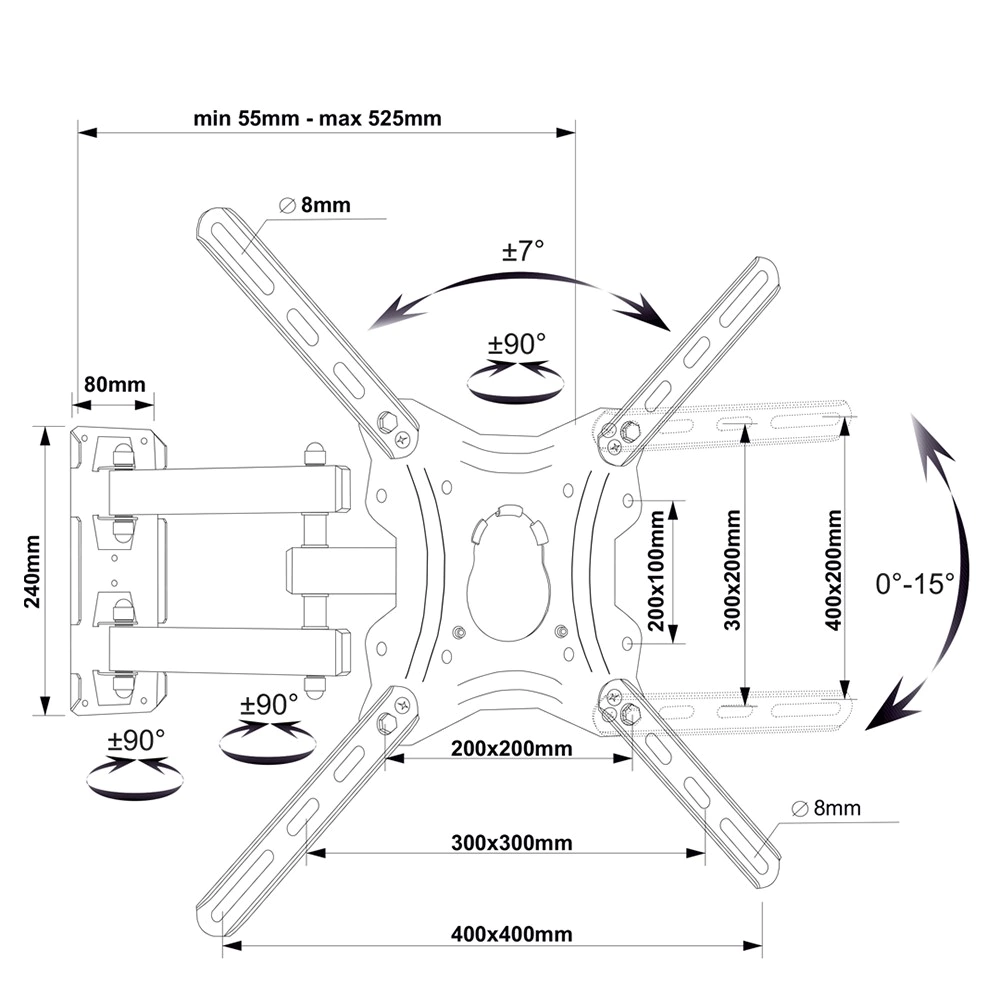 Кронштейн для ТВ 26-55 дюймов наклонно-поворотный 2 рукава elemento