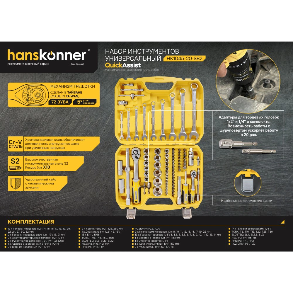 Набор головок 1/4" и 1/2", ключей и отверток 82 предмета Hanskonner HK1045-20-S82