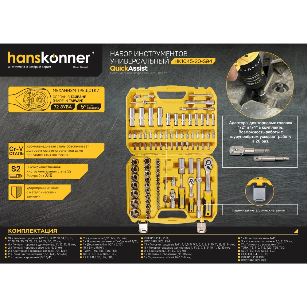 Набор головок и бит 1/4" и 1/2" 94 предмета Hanskonner HK1045-20-S94