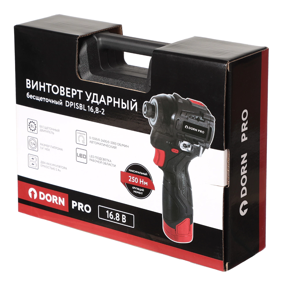 Винтоверт ударный бесщеточный 16,8 В 2х2,0 Ач 250 Нм DORN PRO DPISBL 16,8-2