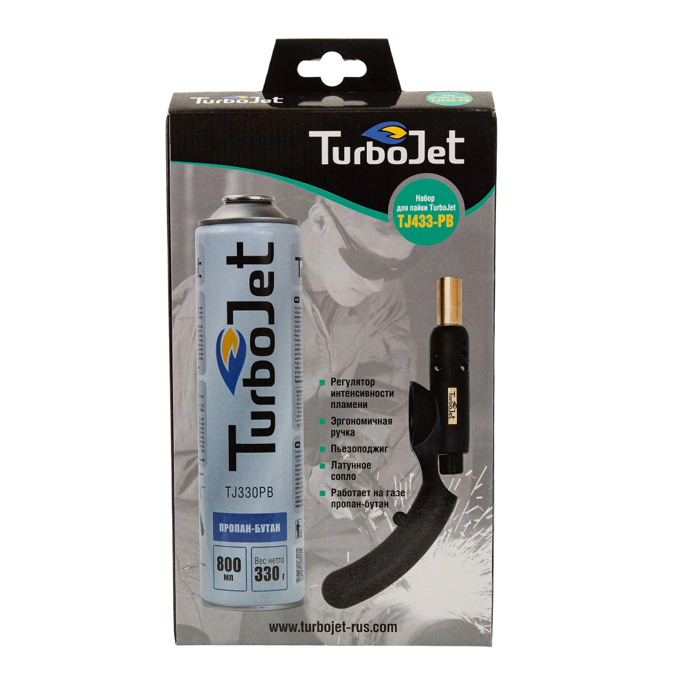 Газовая горелка резьбовая 7/16" с пьезоподжигом Turbojet TJ433 + баллон пропан-бутан