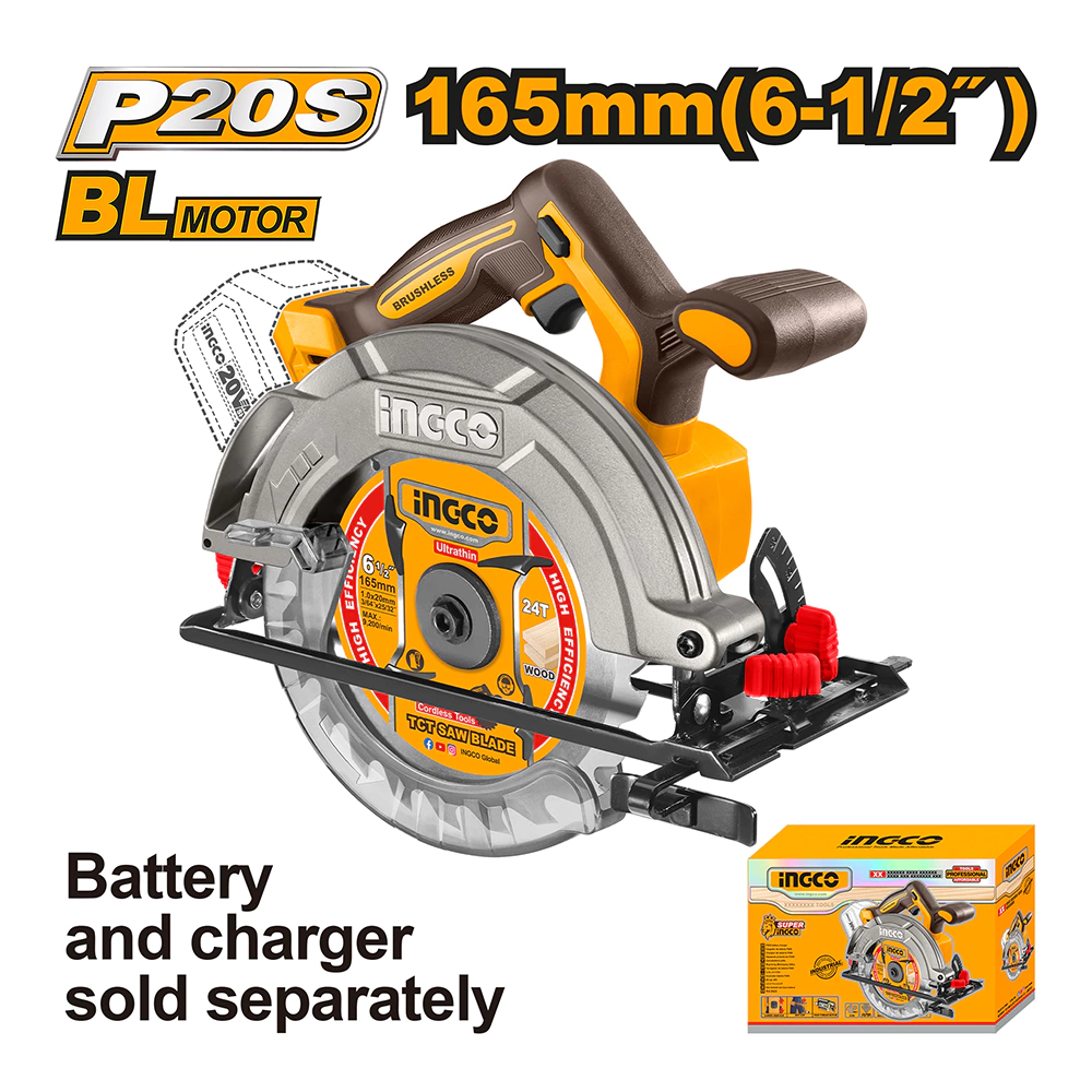 Циркулярная пила аккумуляторная 20 В 165 мм без АКБ и ЗУ INGCO CSLI1652