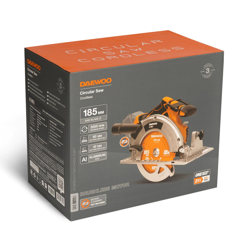 Циркулярная пила аккумуляторная бесщеточная 21 В 185 мм без АКБ и ЗУ DAEWOO DAS 1821Li