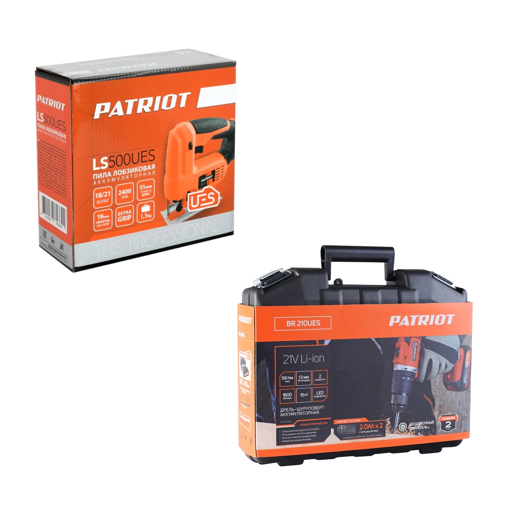 Набор PATRIOT 21 В: аккумуляторный шуруповерт бесщеточный BR 210 UES + аккумуляторный лобзик LS 500 UES
