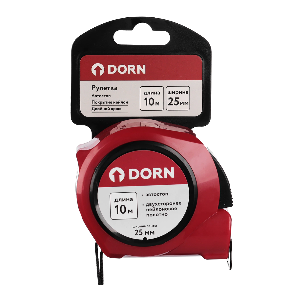 Рулетка с автостопом 10 м х 25 мм нейлоновое покрытие DORN
