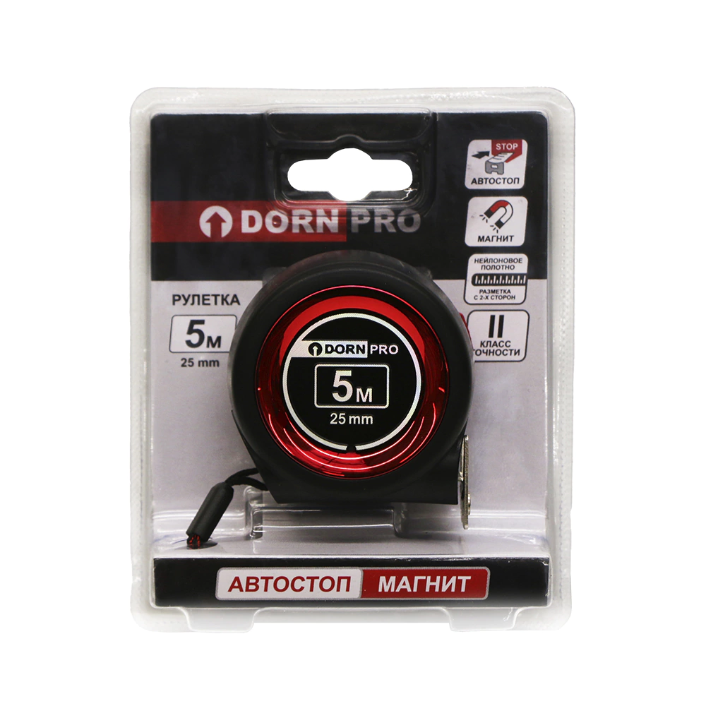 Рулетка с автостопом DORN PRO магнитная 5 м х 25 мм нейлоновое покрытие
