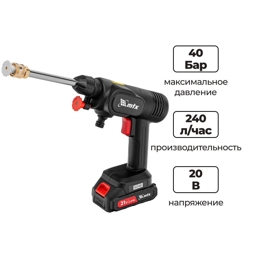 MTX Мойка высокого давления аккумуляторная 40 Бар 240 л/час 20 В 2х2,0 Ач MTX А-21-02
