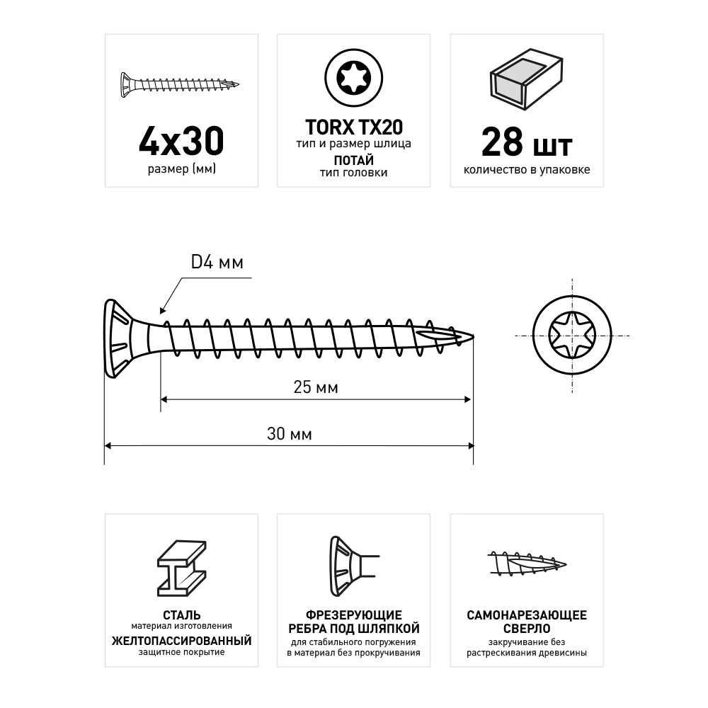 Шурупы по дереву 4х30 мм 28 шт усиленные турбо Rawlplug