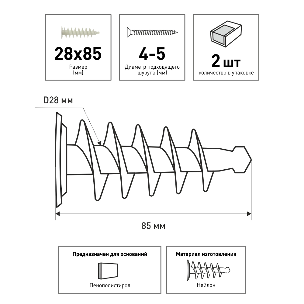 Дюбель для крепления к утепленному фасаду 28х85 мм 2 шт KOELNER