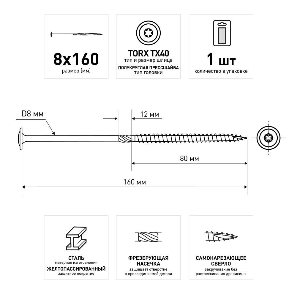 Шурупы по дереву 8x160 мм конструкционные с прессшайбой Rawlplug