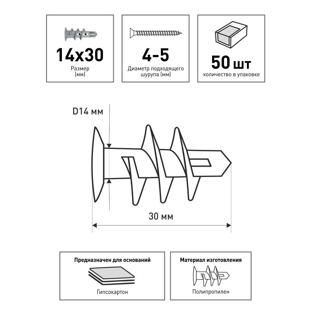 Дюбель для гипсокартона 14х30 мм 50 шт Driva Tech-KREP