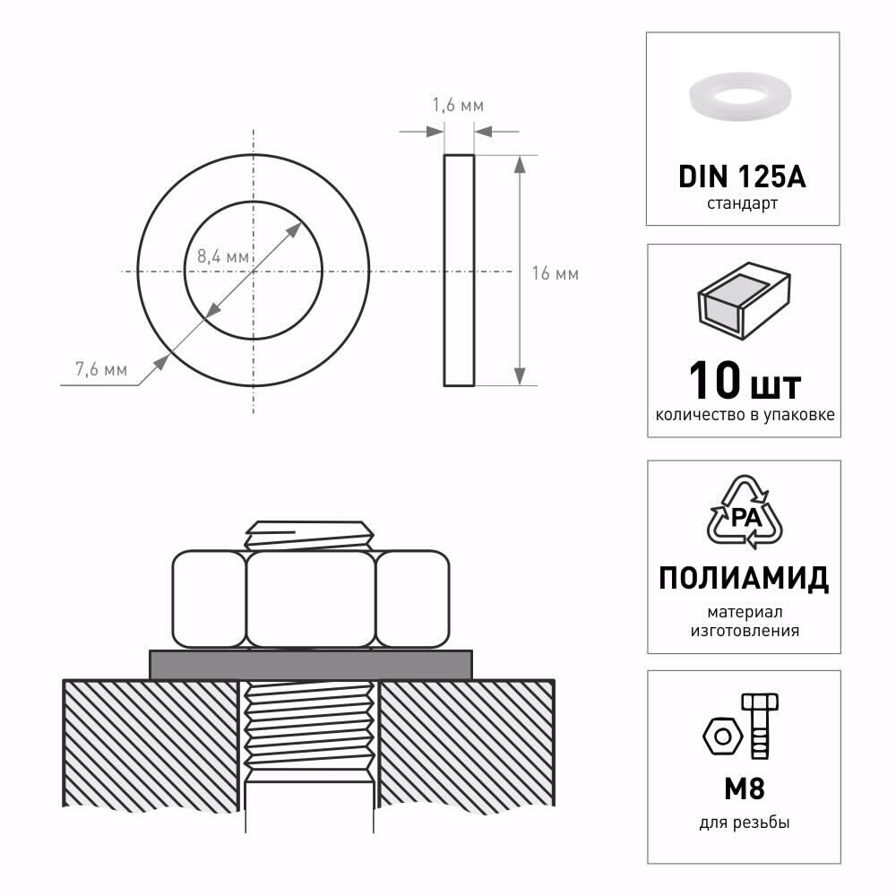 Шайба полиамид DIN 125A М8 10 шт