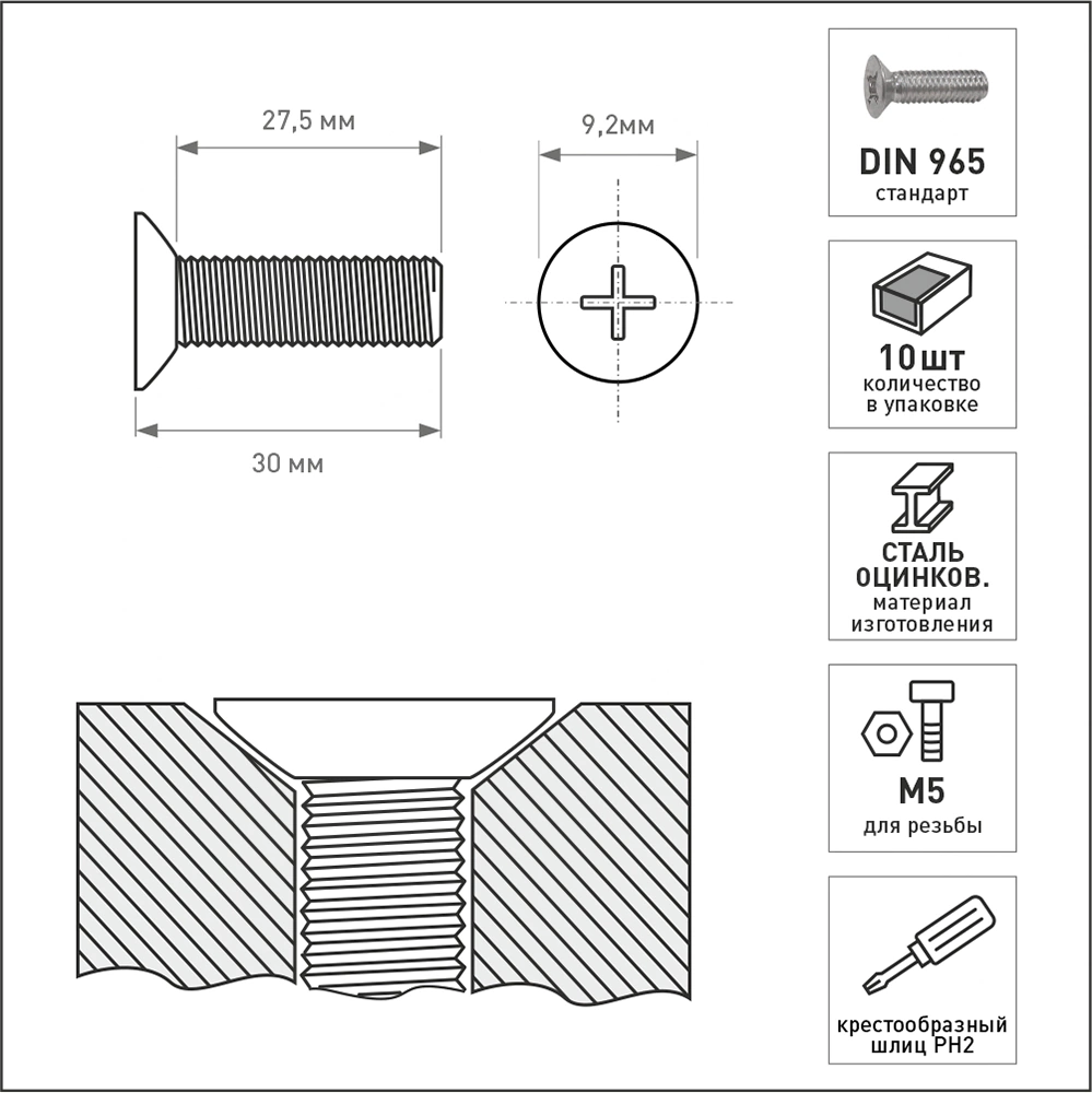 Винт с потайной головкой FIXBERG оцинкованный DIN965 M5х30 10 шт