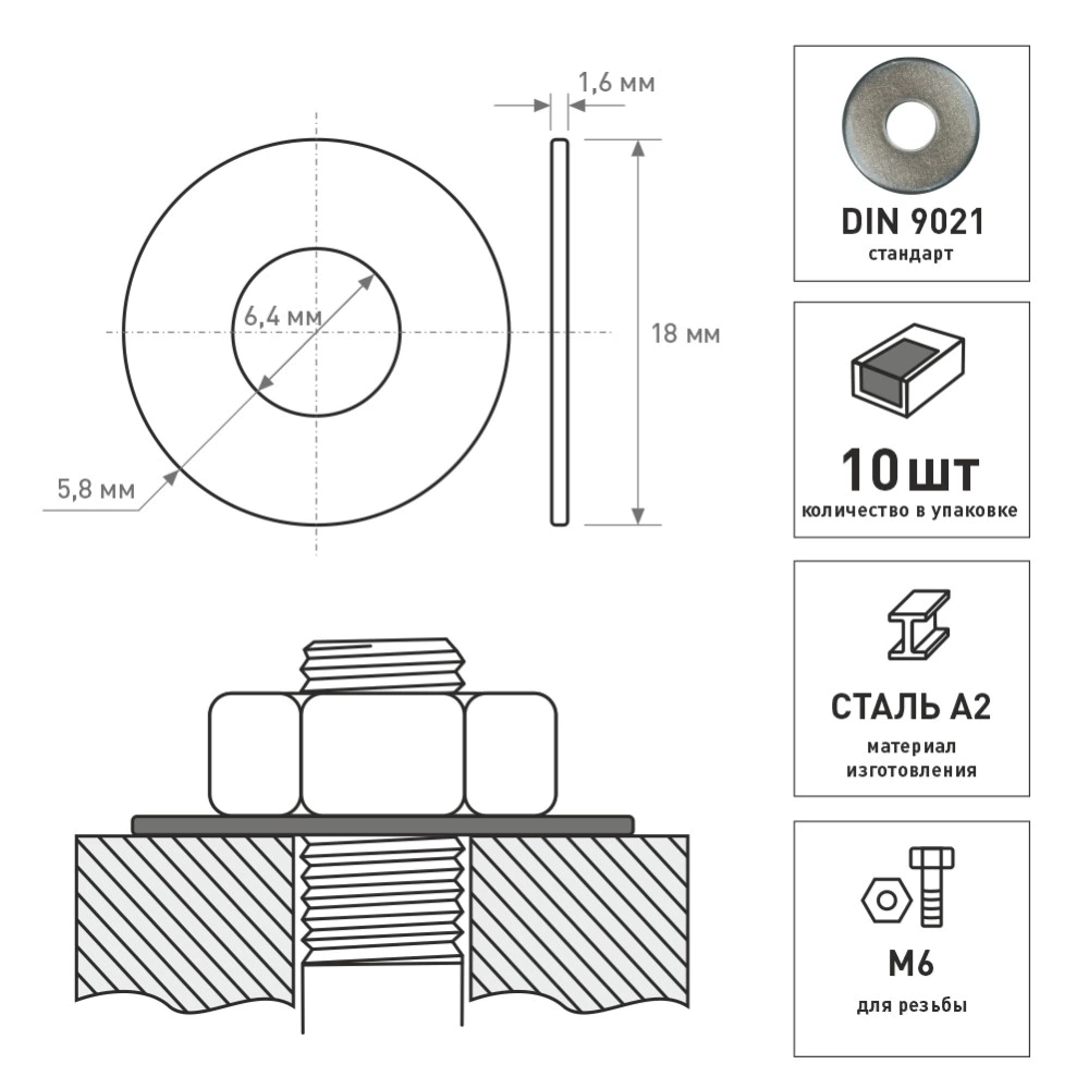 Шайба кузовная DIN 9021 нержавеющая сталь М6 10 шт