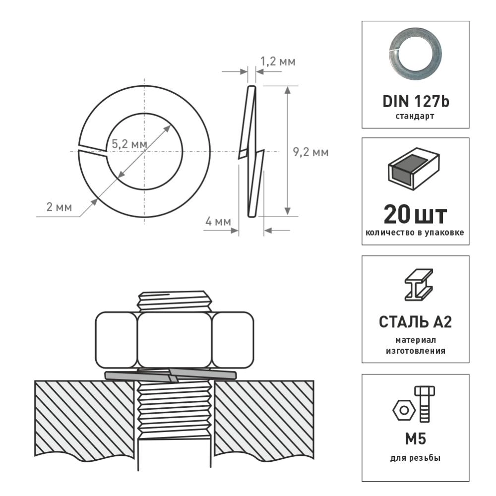 Шайба пружинная 5 мм 20 шт DIN127 нержавеющая сталь FIXBERG