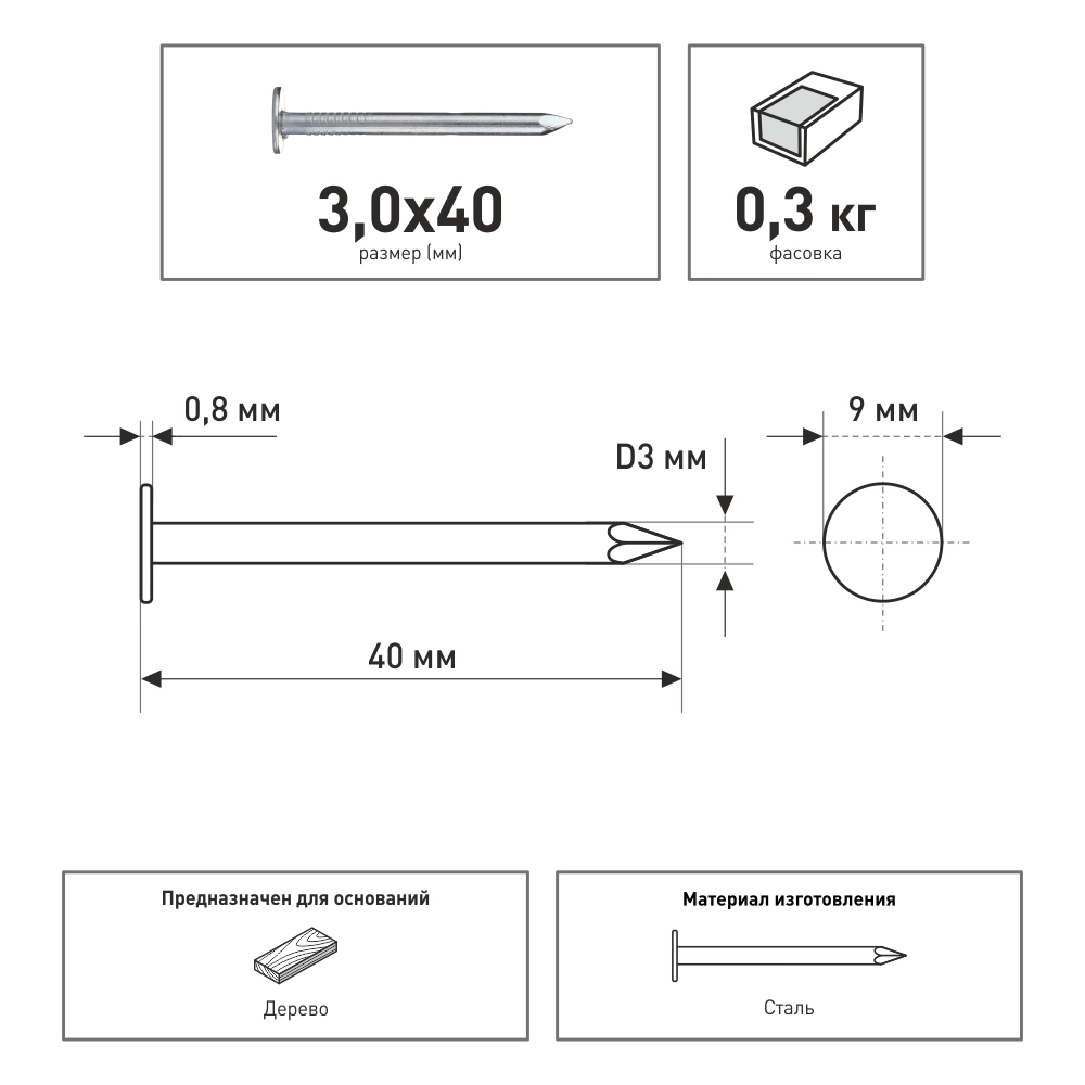 Гвозди с увеличенной плоской головкой 3х40 мм 0,3 кг