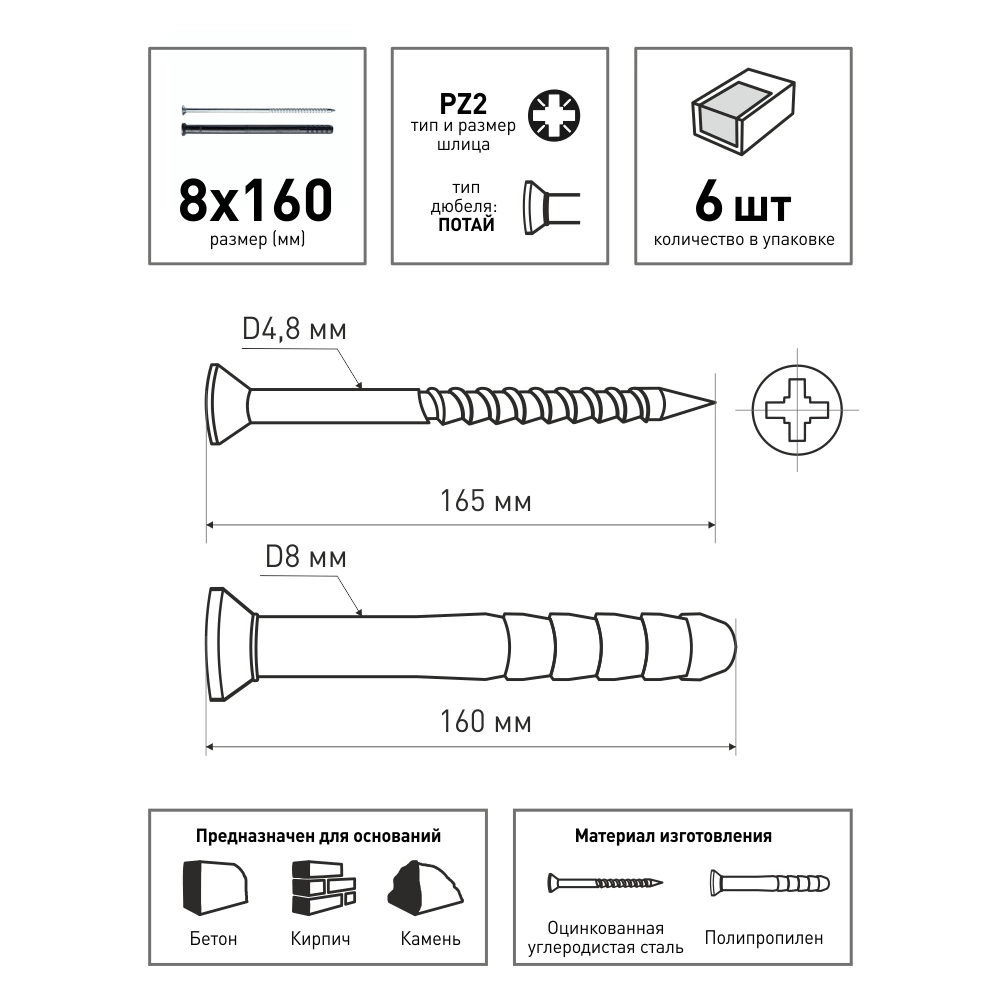 Дюбель-гвоздь с потайной манжетой FIXBERG 8х160 мм 6 шт