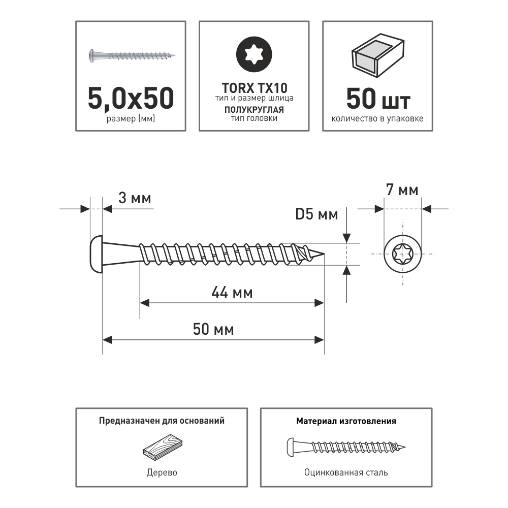 Шурупы усиленные 5х50 мм 50 шт для перфорированного крепежа BULLIT