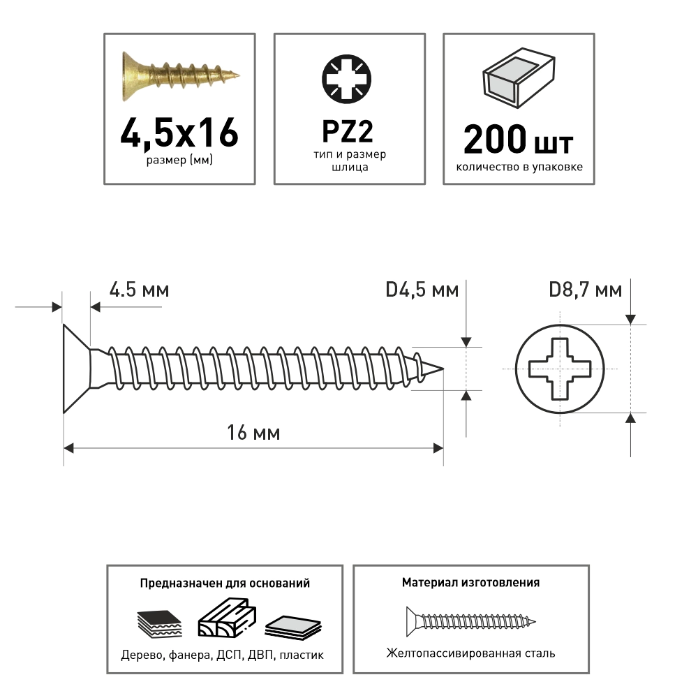 Шурупы по дереву 4,5х16 мм 200 шт универсальные FIXBERG