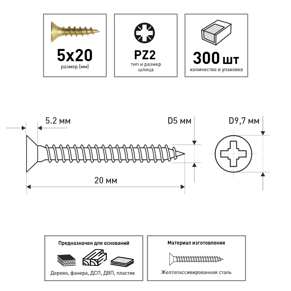 Шурупы по дереву 5х20 мм 300 шт универсальные FIXBERG