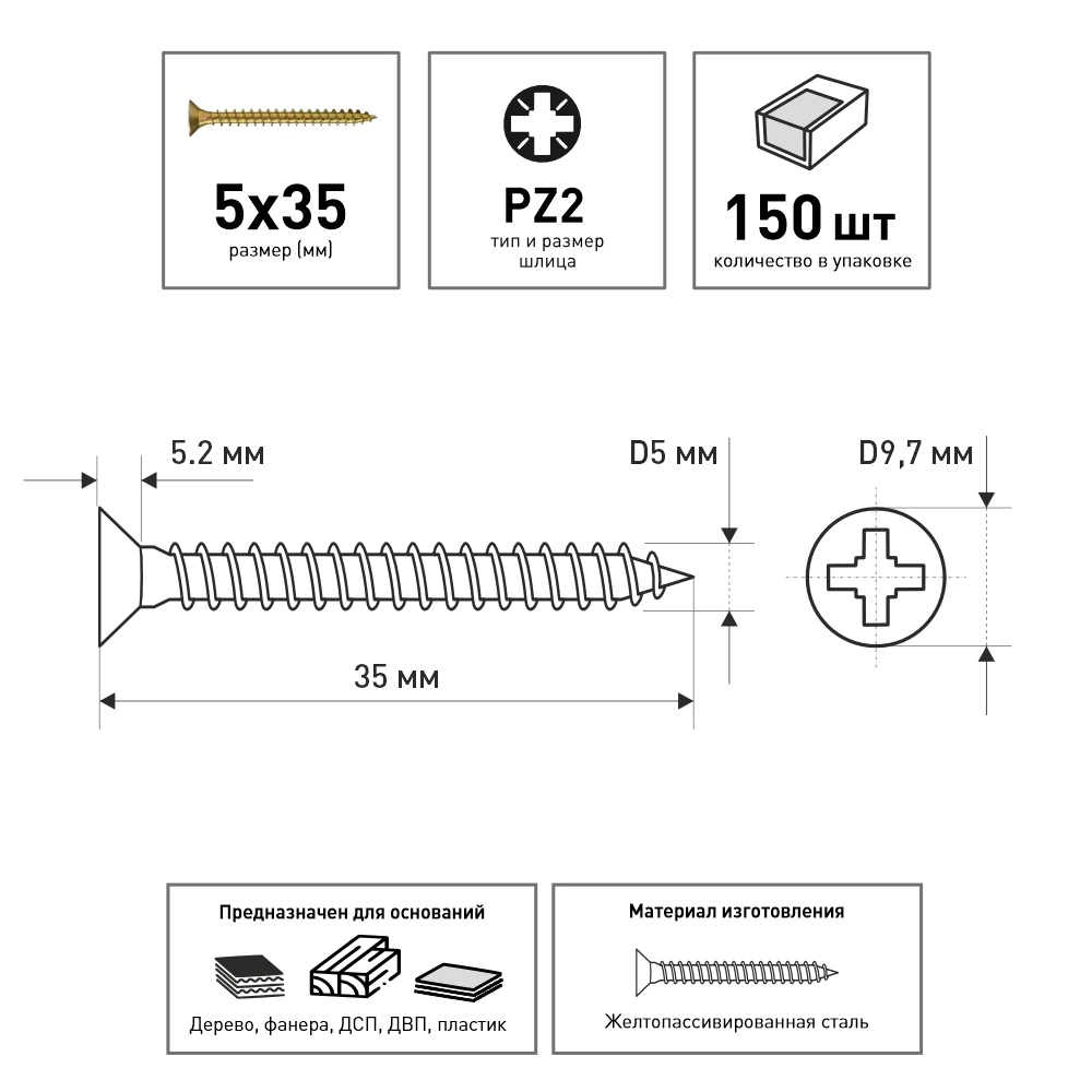 Шурупы по дереву 5х35 мм 150 шт универсальные FIXBERG