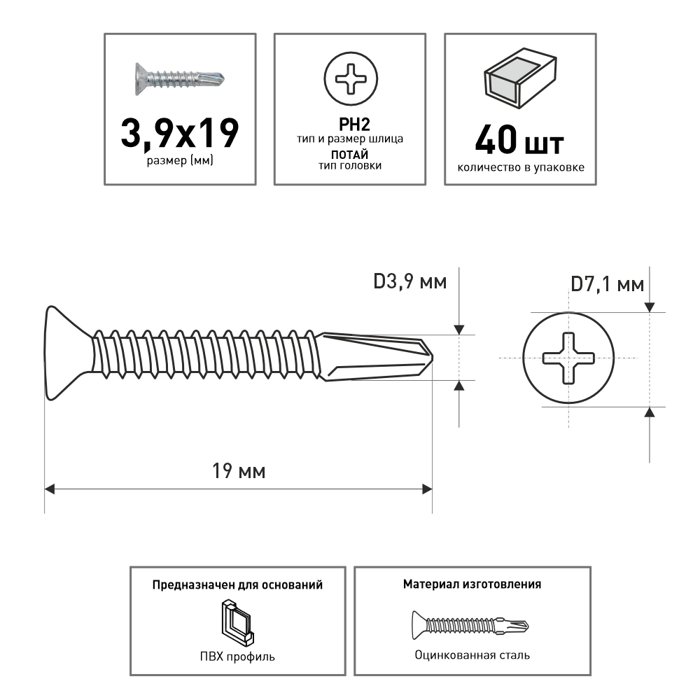 Саморезы оконные 3,9х19 мм 40 шт для армирующего профиля Daxmer