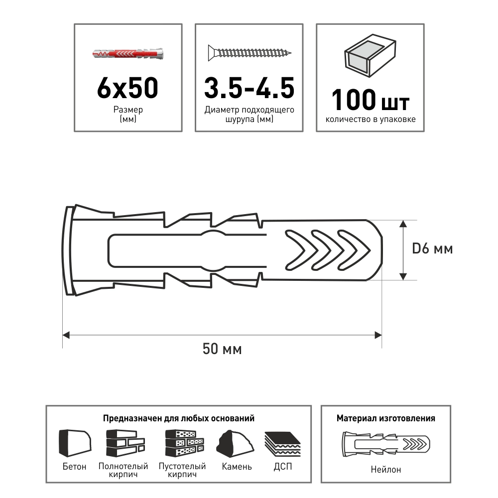 Дюбель универсальный Fischer DuoPower 6x50 мм 100 шт