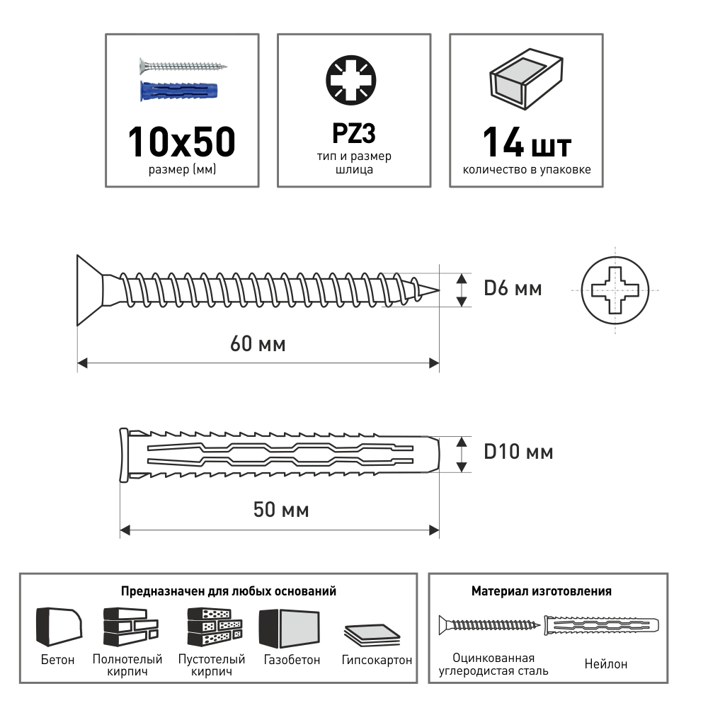 Дюбель универсальный 10х50 мм с шурупом 6х60 мм 14 шт Rawlplug 4ALL