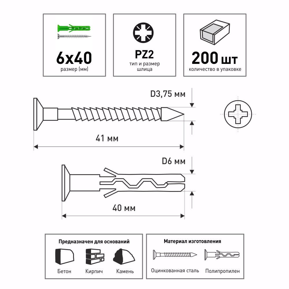 Дюбель-гвоздь с потайной манжетой Роскреп 6х40 мм 200 шт