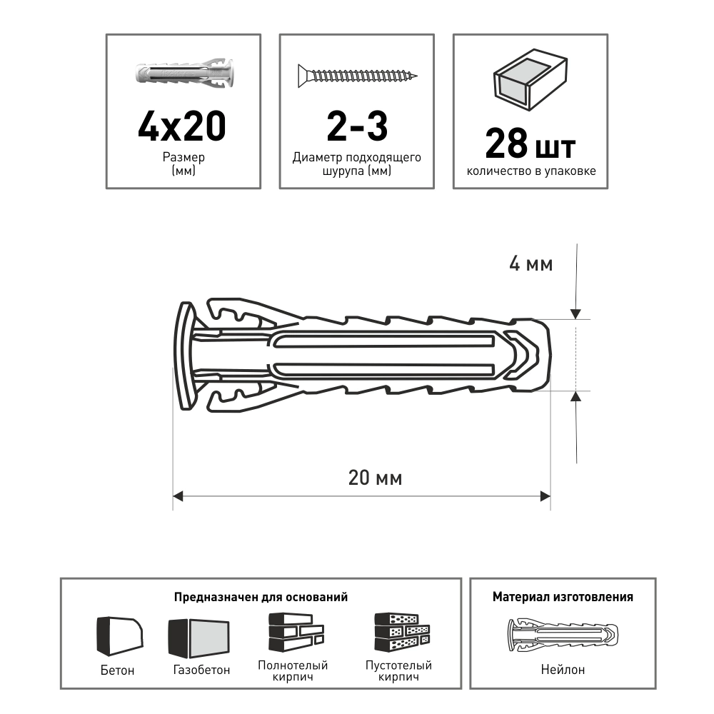 Дюбель распорный 4х20 мм 28 шт для полнотелых материалов Fischer SX Plus