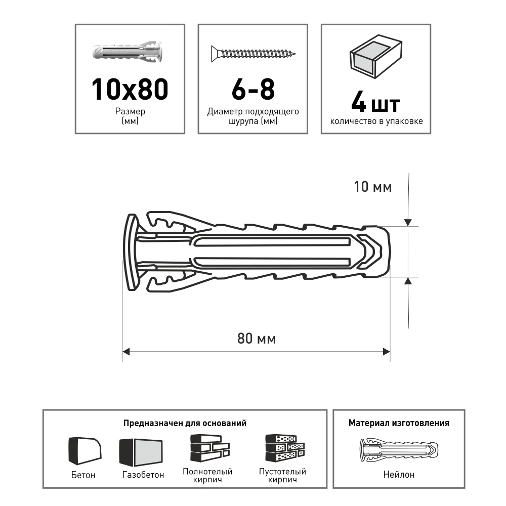 Дюбель распорный 10х80 мм 4 шт для полнотелых материалов Fischer SX Plus
