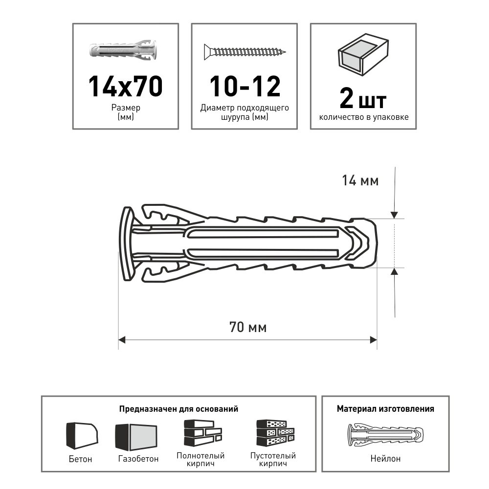 Дюбель распорный 14х70 мм 2 шт для полнотелых материалов Fischer SX Plus