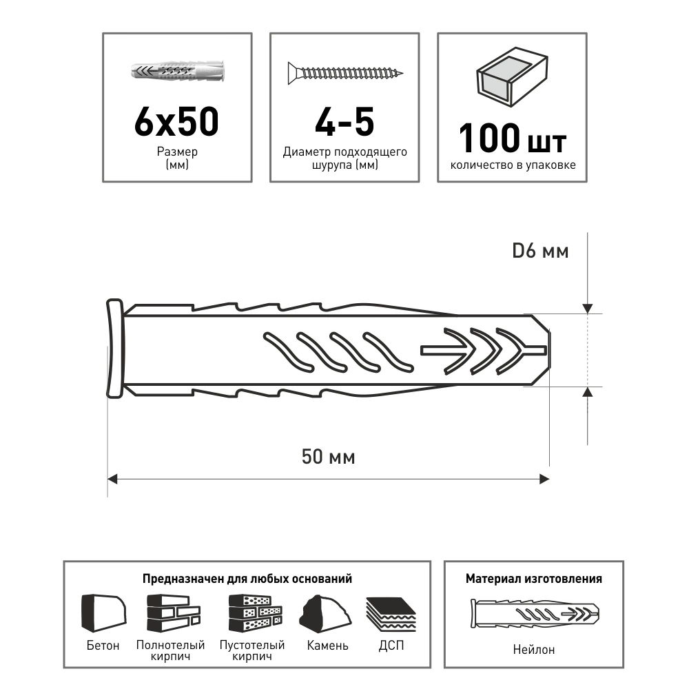 Дюбель универсальный 6x50 мм 100 шт с буртом Fischer UX