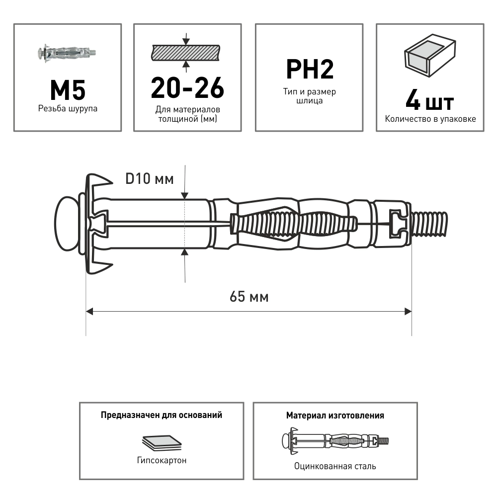 Дюбель Молли M5, 4 шт для листа до 26 мм ЕВРОПАРТНЕР MULTI PRO