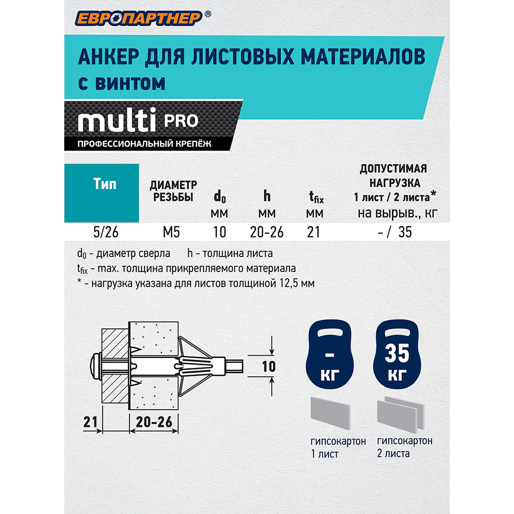 Дюбель Молли 10х200 мм M5, 4 шт ЕВРОПАРТНЕР MULTI PRO