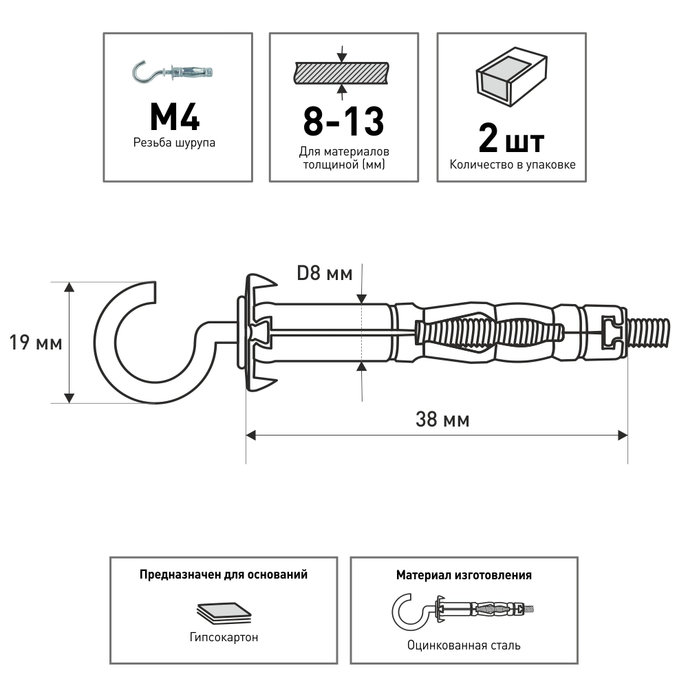 Дюбель Молли М4, 2 шт c S-крюком для листа до 13 мм ЕВРОПАРТНЕР MULTI PRO