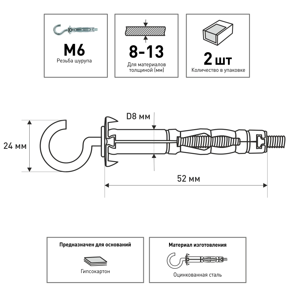 Дюбель Молли М6, 2 шт c S-крюком для листа до 13 мм ЕВРОПАРТНЕР MULTI PRO