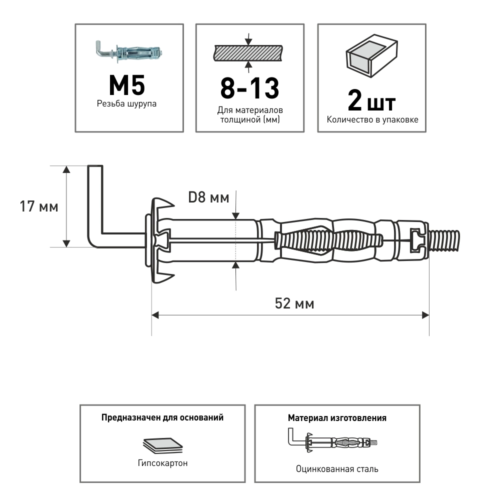 Дюбель Молли М5, 2 шт c Г-крюком для листа до 13 мм ЕВРОПАРТНЕР MULTI PRO